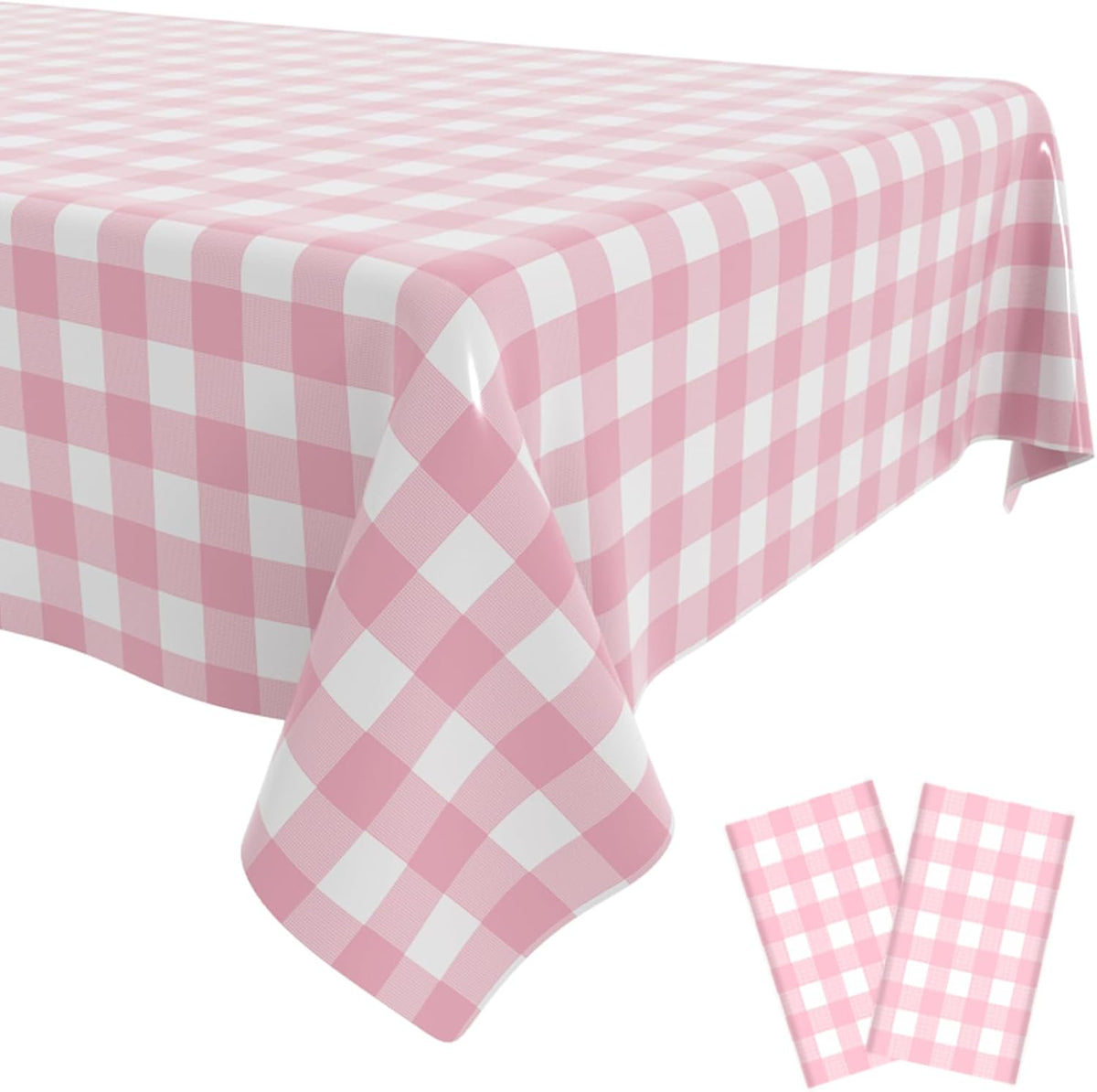 Pink and White Gingham Tablecloth (2 Pack),54 x 108 Inch Checkered Table Cloth Rectangle,Pink Picnic Plastic Table Cloth Disposable, Camping Checkered Tablecloths Rectangular.