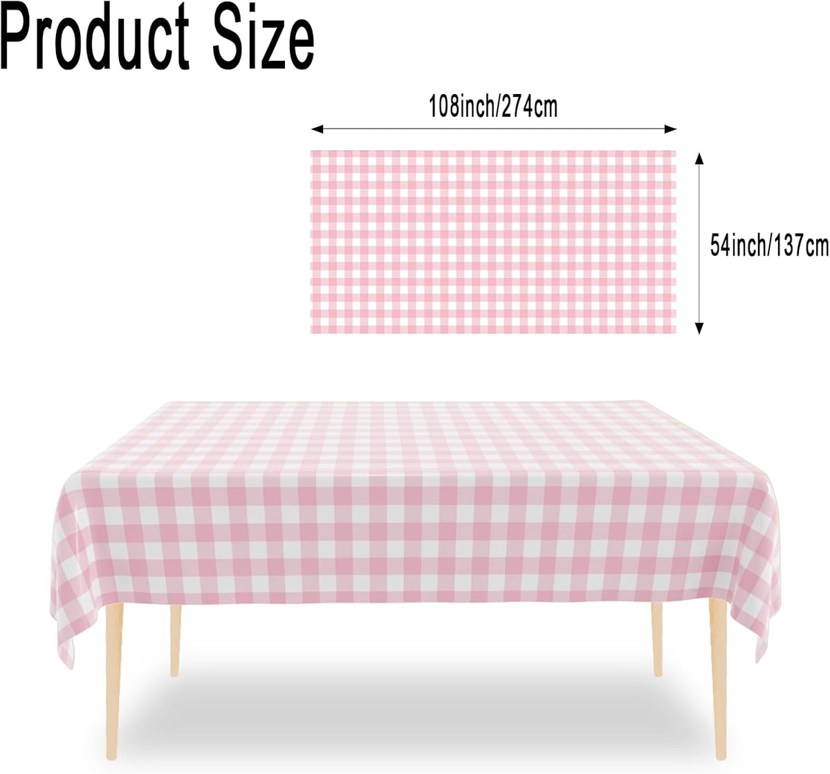 Pink and White Gingham Tablecloth (2 Pack),54 x 108 Inch Checkered Table Cloth Rectangle,Pink Picnic Plastic Table Cloth Disposable, Camping Checkered Tablecloths Rectangular.