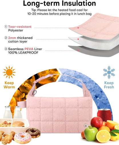Insulated Lunch Bag for Women, Leakproof Puffer Lunch Box