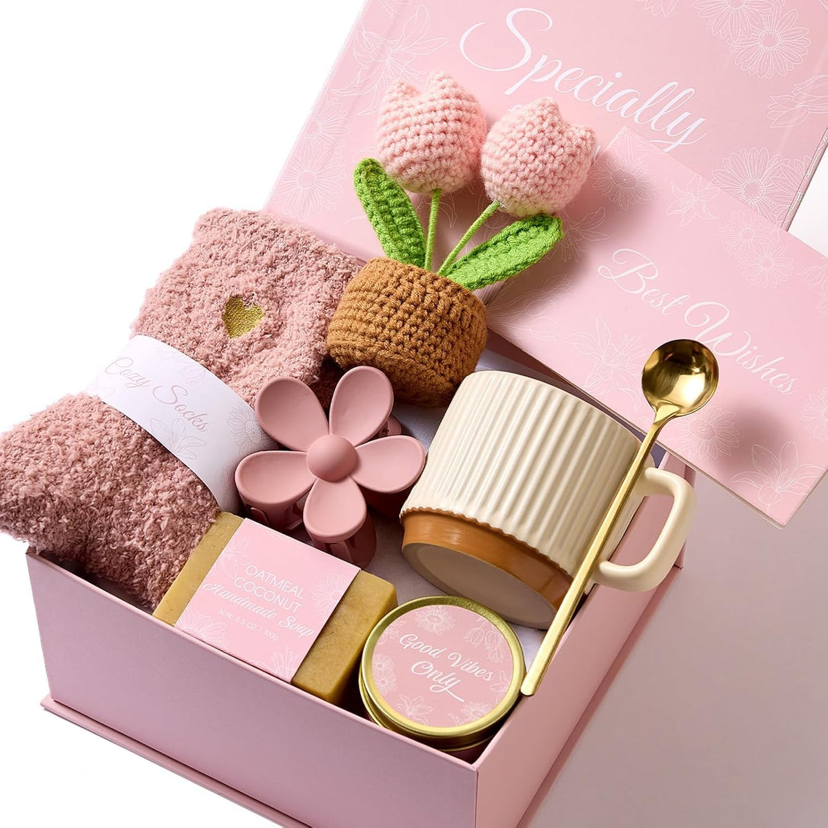 8PCS Birthday Gifts Box for Women Care Package Baskets for Women Hug in a Box Self Care Get Well Soon Gift Set for Mom Wife Girlfriend Sister Friends (Pink)