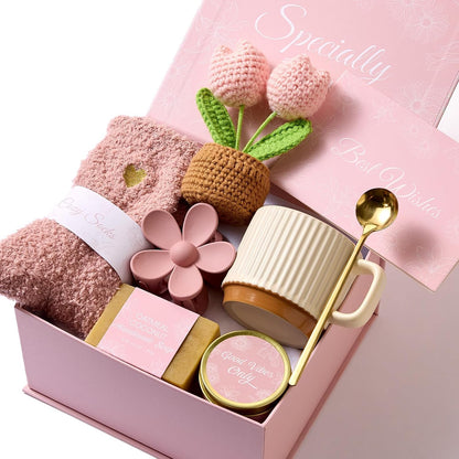 8PCS Birthday Gifts Box for Women Care Package Baskets for Women Hug in a Box Self Care Get Well Soon Gift Set for Mom Wife Girlfriend Sister Friends (Pink)