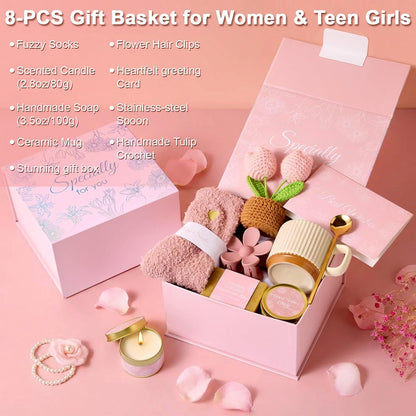 8PCS Birthday Gifts Box for Women Care Package Baskets for Women Hug in a Box Self Care Get Well Soon Gift Set for Mom Wife Girlfriend Sister Friends (Pink)