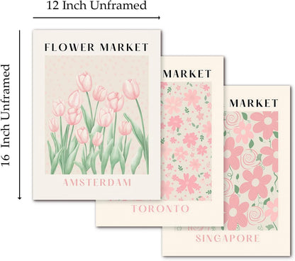 Flower Market Print Pink Tulip Floral Wall Art Pastel Prints Flower Posters Aesthetic Floral Prints Matisse Painting Artwork for Walls Pink Flower Posters Flower Market Pink Wall Art 12x16inchx3 No