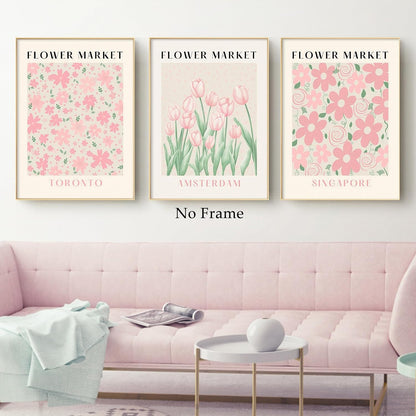 Flower Market Print Pink Tulip Floral Wall Art Pastel Prints Flower Posters Aesthetic Floral Prints Matisse Painting Artwork for Walls Pink Flower Posters Flower Market Pink Wall Art 12x16inchx3 No