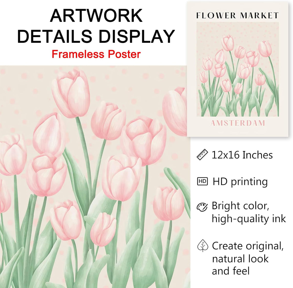 Flower Market Print Pink Tulip Floral Wall Art Pastel Prints Flower Posters Aesthetic Floral Prints Matisse Painting Artwork for Walls Pink Flower Posters Flower Market Pink Wall Art 12x16inchx3 No