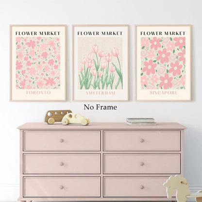 Flower Market Print Pink Tulip Floral Wall Art Pastel Prints Flower Posters Aesthetic Floral Prints Matisse Painting Artwork for Walls Pink Flower Posters Flower Market Pink Wall Art 12x16inchx3 No