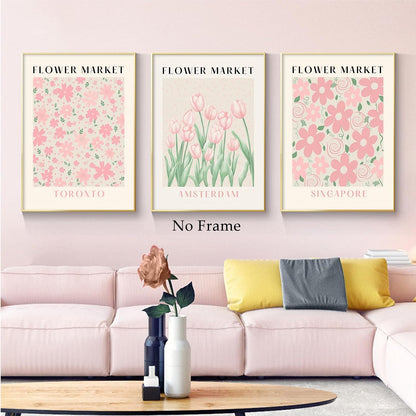 Flower Market Print Pink Tulip Floral Wall Art Pastel Prints Flower Posters Aesthetic Floral Prints Matisse Painting Artwork for Walls Pink Flower Posters Flower Market Pink Wall Art 12x16inchx3 No