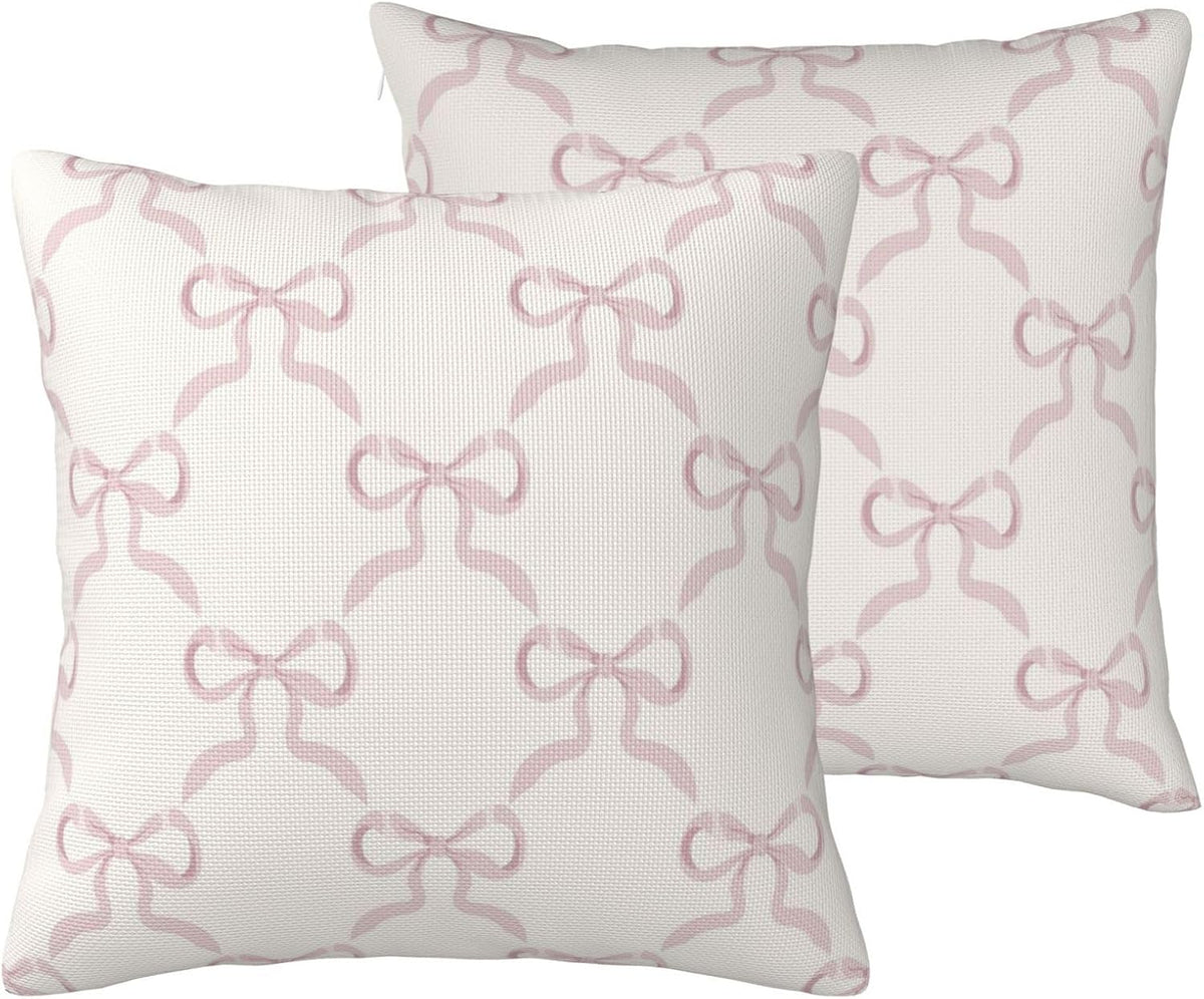 Pink Bow Pillow Covers Cream Ribbon Bow Decorative Throw Pillows Covers 18x18 Inch Set of 2 Bowknot Pillowcase Cushion Cover for Couch Sofa Bedroom