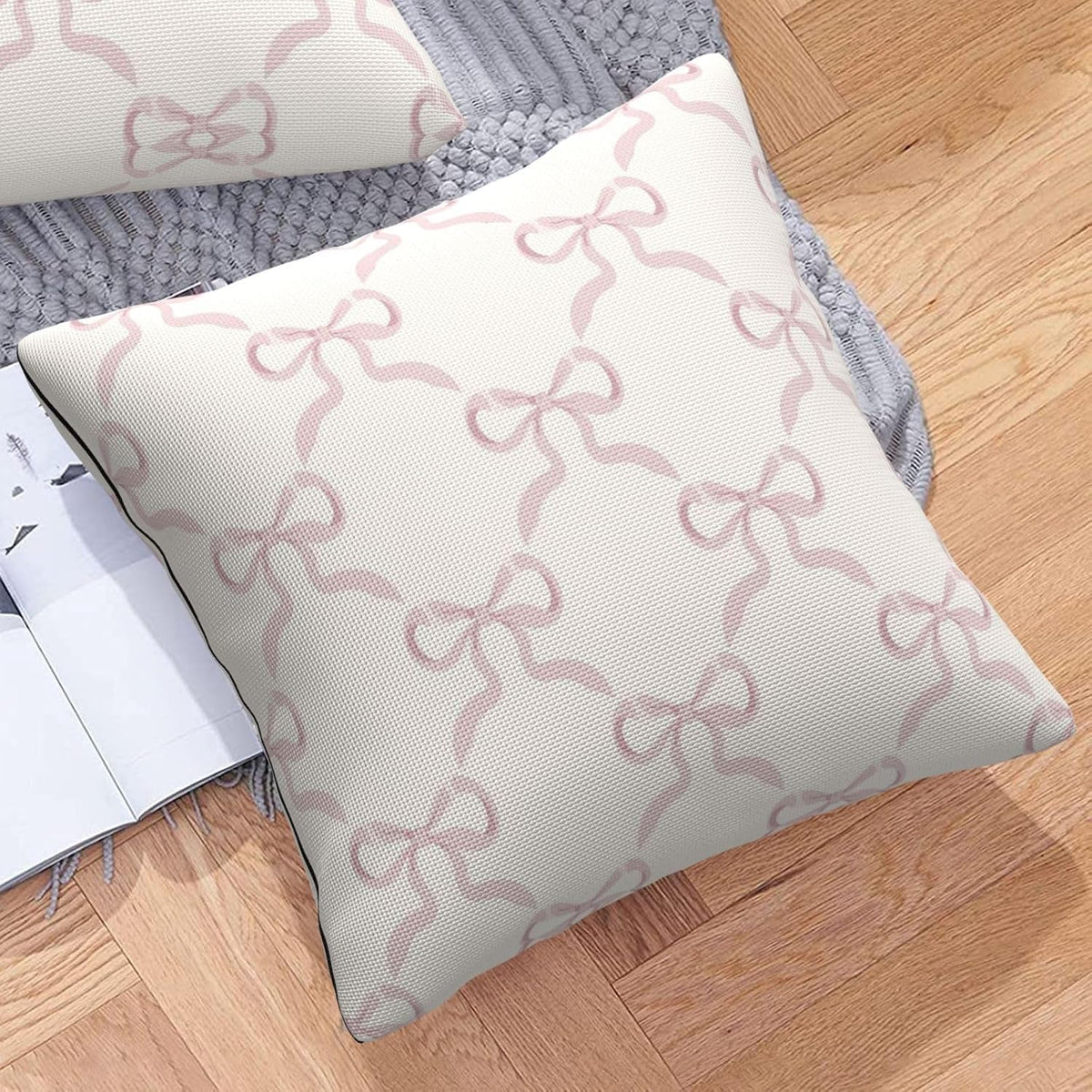 Pink Bow Pillow Covers Cream Ribbon Bow Decorative Throw Pillows Covers 18x18 Inch Set of 2 Bowknot Pillowcase Cushion Cover for Couch Sofa Bedroom