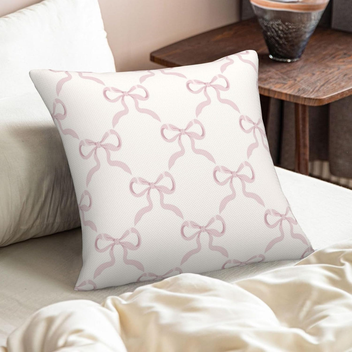 Pink Bow Pillow Covers Cream Ribbon Bow Decorative Throw Pillows Covers 18x18 Inch Set of 2 Bowknot Pillowcase Cushion Cover for Couch Sofa Bedroom