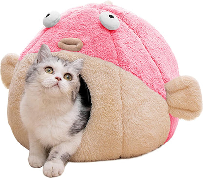 Cat Beds for Indoor Cats-Cat Bed Cave,Cute Lively Pufferfish Shape,Pink L