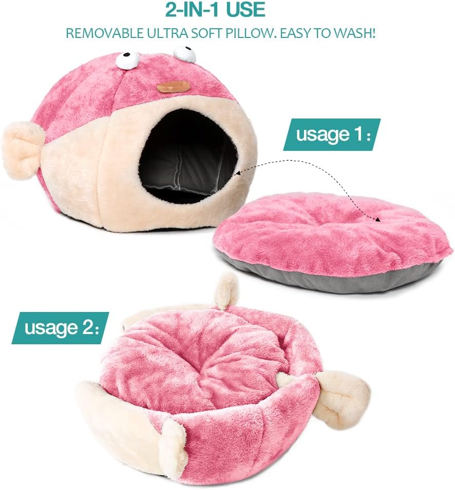 Cat Beds for Indoor Cats-Cat Bed Cave,Cute Lively Pufferfish Shape,Pink L