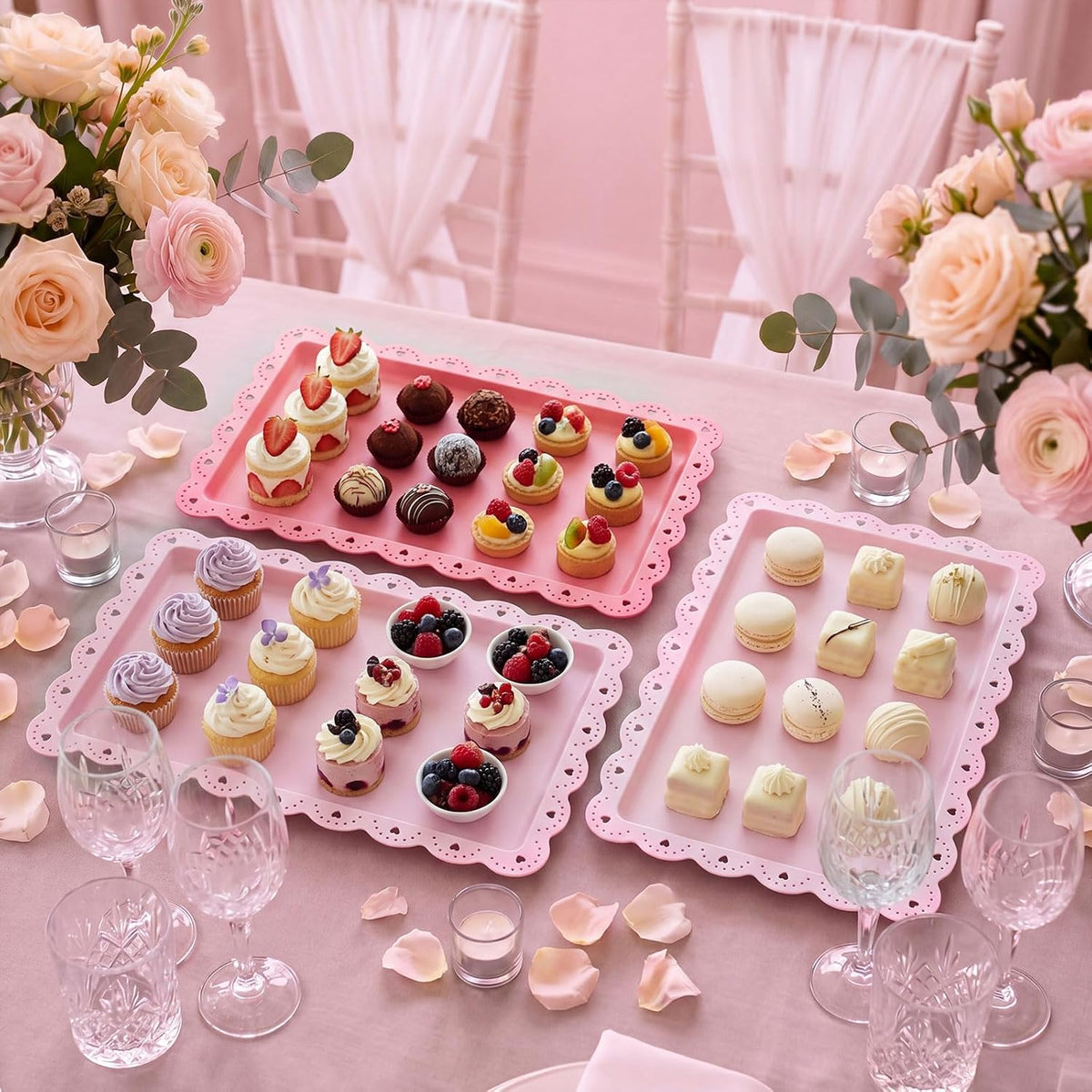 3 Pcs Pink Serving Trays Plastic Food Platters