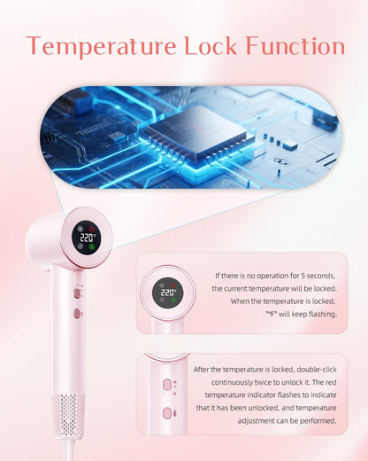 200M Ionic Hair Dryer 1600W, 110,000 RPM High-Speed Blow Dryer for Fast Drying, 4 Temps & 2 Speeds Lightweight Quiet Hairdryer with Magnetic Nozzle for Professional Salon Home Travel