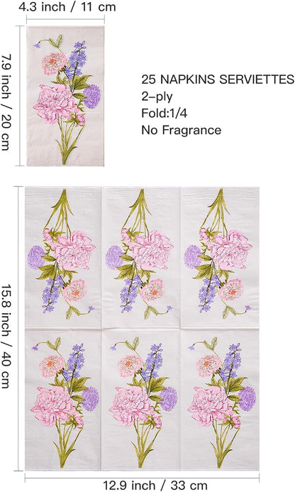 WRAPAHOLIC 25Pcs Elegant Flower Paper Cocktail Napkins - Pink & Purple Flower Paper Napkins for Bridal and Baby Shower, Tea Party, Garden Party, Birthday Party - 4.3 x 7.9 In