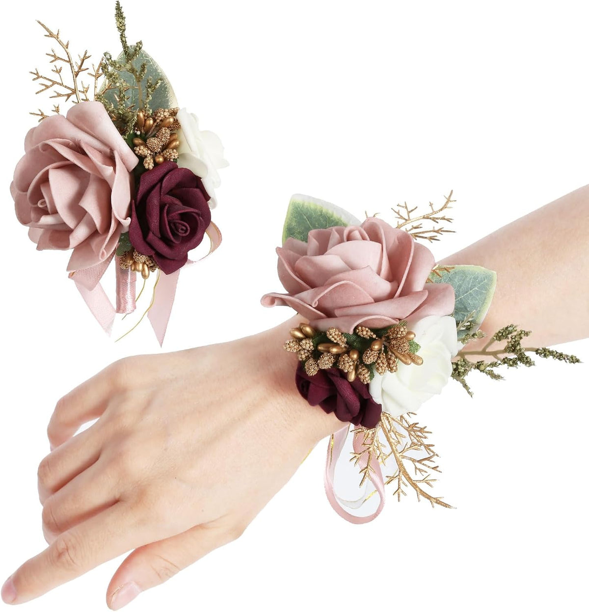 Blush Pink Corsage and Boutonniere Set for Wedding Prom Bride Groom Homecoming Rose Wristlet Band Bracelet Men Boutonniere Set Red Corsage Wristband Boutonniere for Wedding Suit Decorations