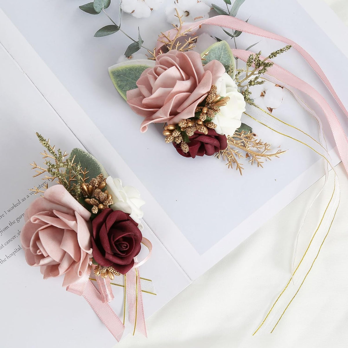 Blush Pink Corsage and Boutonniere Set for Wedding Prom Bride Groom Homecoming Rose Wristlet Band Bracelet Men Boutonniere Set Red Corsage Wristband Boutonniere for Wedding Suit Decorations
