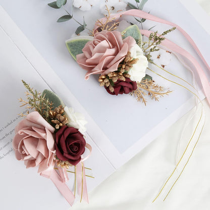 Blush Pink Corsage and Boutonniere Set for Wedding Prom Bride Groom Homecoming Rose Wristlet Band Bracelet Men Boutonniere Set Red Corsage Wristband Boutonniere for Wedding Suit Decorations