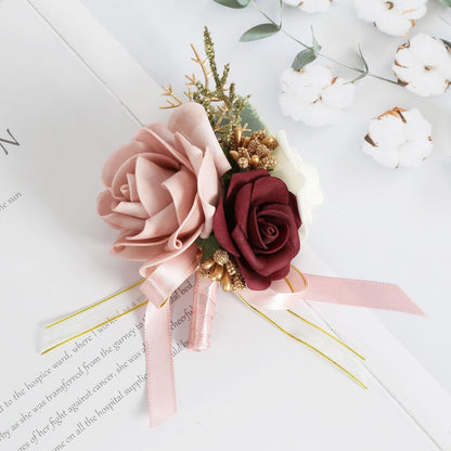 Blush Pink Corsage and Boutonniere Set for Wedding Prom Bride Groom Homecoming Rose Wristlet Band Bracelet Men Boutonniere Set Red Corsage Wristband Boutonniere for Wedding Suit Decorations