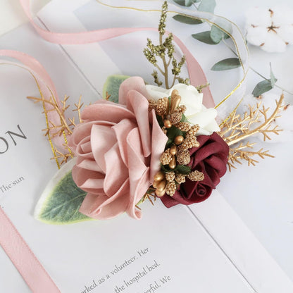 Blush Pink Corsage and Boutonniere Set for Wedding Prom Bride Groom Homecoming Rose Wristlet Band Bracelet Men Boutonniere Set Red Corsage Wristband Boutonniere for Wedding Suit Decorations