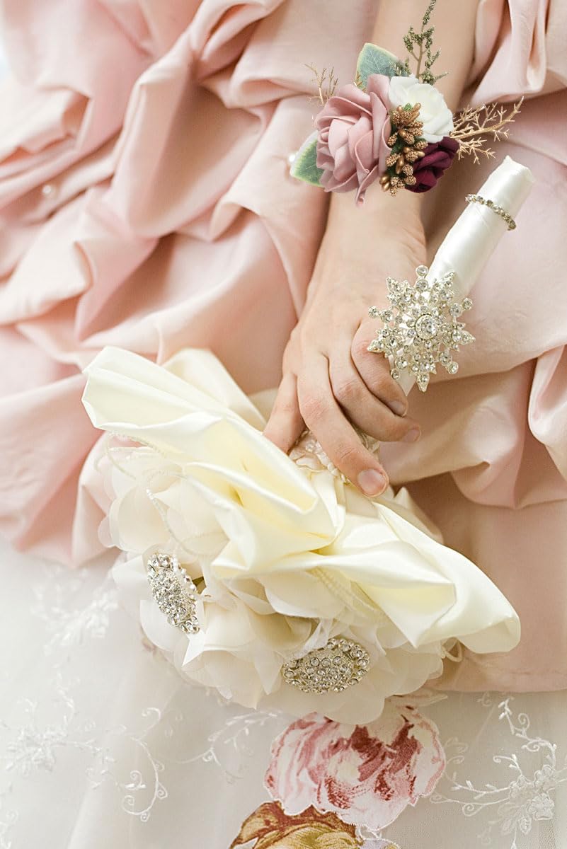 Blush Pink Corsage and Boutonniere Set for Wedding Prom Bride Groom Homecoming Rose Wristlet Band Bracelet Men Boutonniere Set Red Corsage Wristband Boutonniere for Wedding Suit Decorations