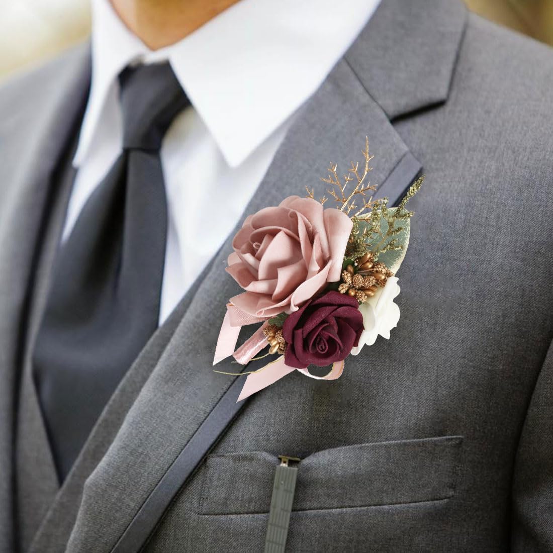 Blush Pink Corsage and Boutonniere Set for Wedding Prom Bride Groom Homecoming Rose Wristlet Band Bracelet Men Boutonniere Set Red Corsage Wristband Boutonniere for Wedding Suit Decorations