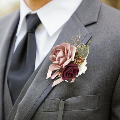 Blush Pink Corsage and Boutonniere Set for Wedding Prom Bride Groom Homecoming Rose Wristlet Band Bracelet Men Boutonniere Set Red Corsage Wristband Boutonniere for Wedding Suit Decorations