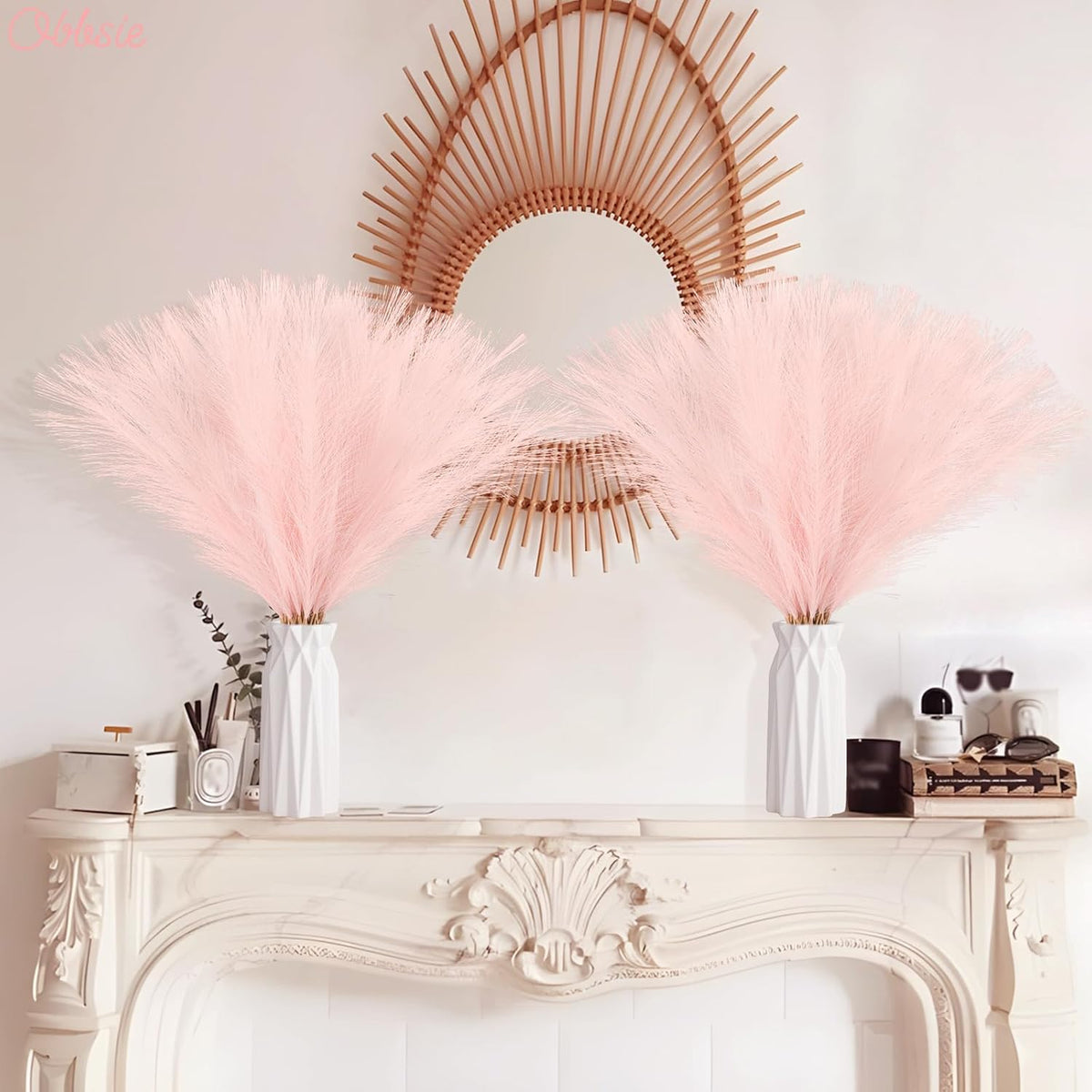 obbsie 50PCS Pink Faux Pampas Grass Decor, 21.6" Fluffy Vase Filler