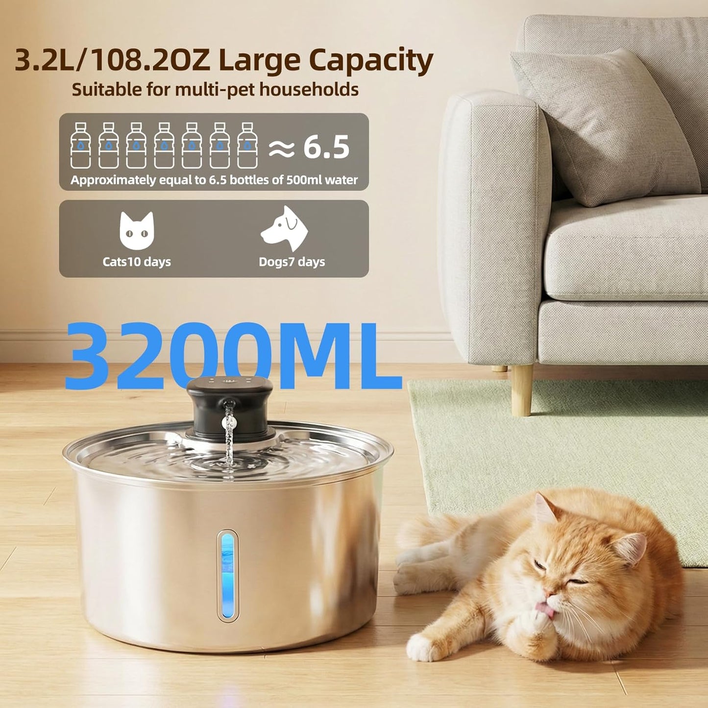 Wireless Cat Water Fountain,Cat Water Fountain Stainless Steel 3.2L/108oz Large Capacity Battery Operated Pet Water Fountain Indoor with Motion Sensor for Cats Dogs BPA-Free(P01B)