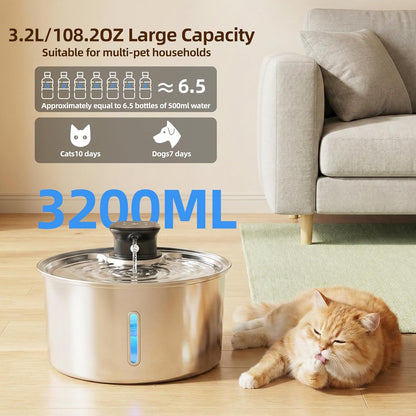 Wireless Cat Water Fountain,Cat Water Fountain Stainless Steel 3.2L/108oz Large Capacity Battery Operated Pet Water Fountain Indoor with Motion Sensor for Cats Dogs BPA-Free(P01B)