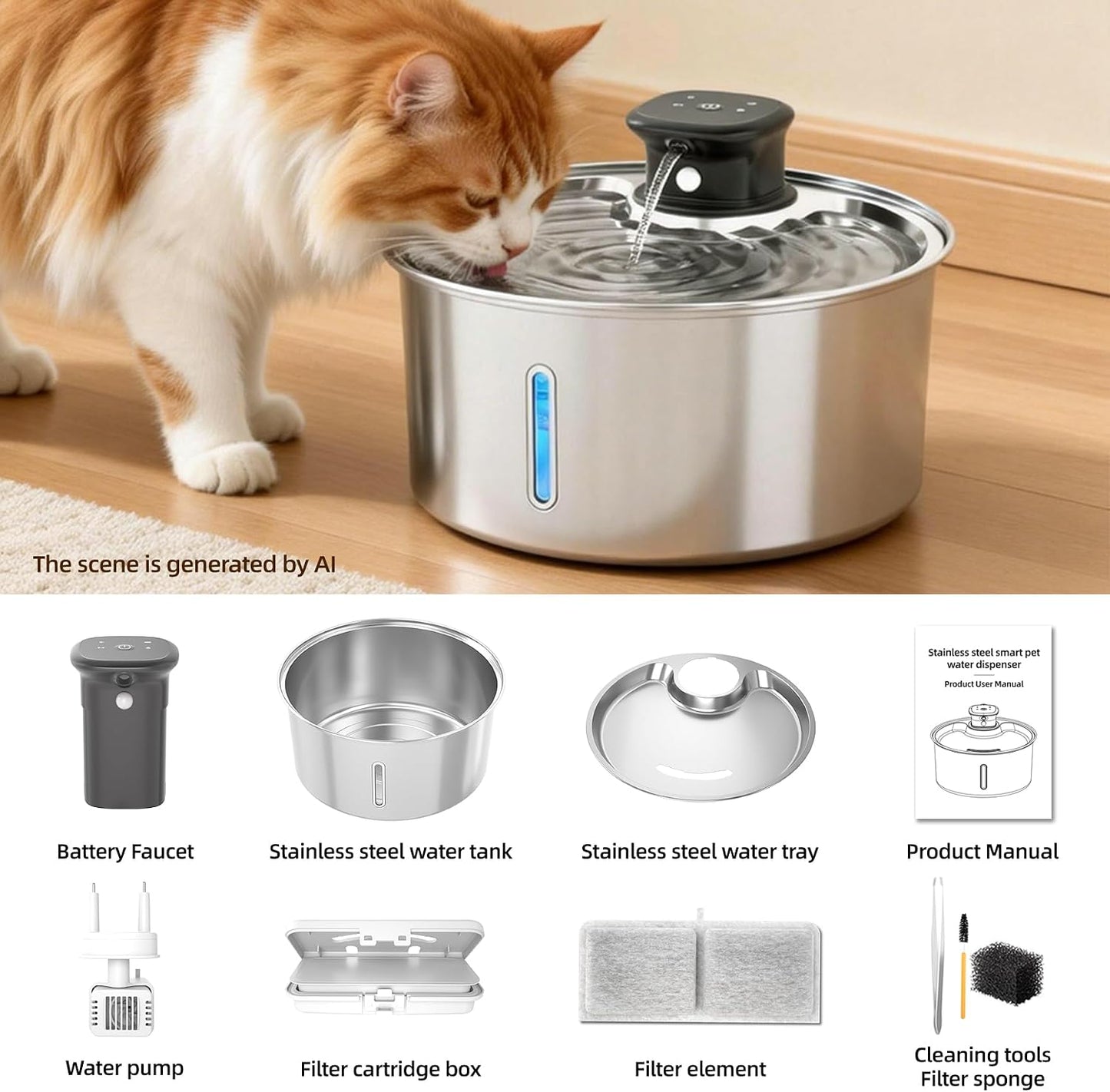 Wireless Cat Water Fountain,Cat Water Fountain Stainless Steel 3.2L/108oz Large Capacity Battery Operated Pet Water Fountain Indoor with Motion Sensor for Cats Dogs BPA-Free(P01B)