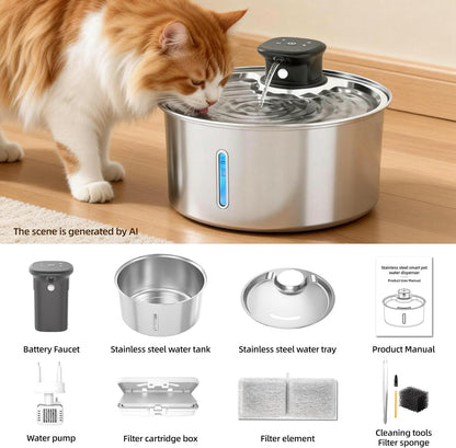 Wireless Cat Water Fountain,Cat Water Fountain Stainless Steel 3.2L/108oz Large Capacity Battery Operated Pet Water Fountain Indoor with Motion Sensor for Cats Dogs BPA-Free(P01B)