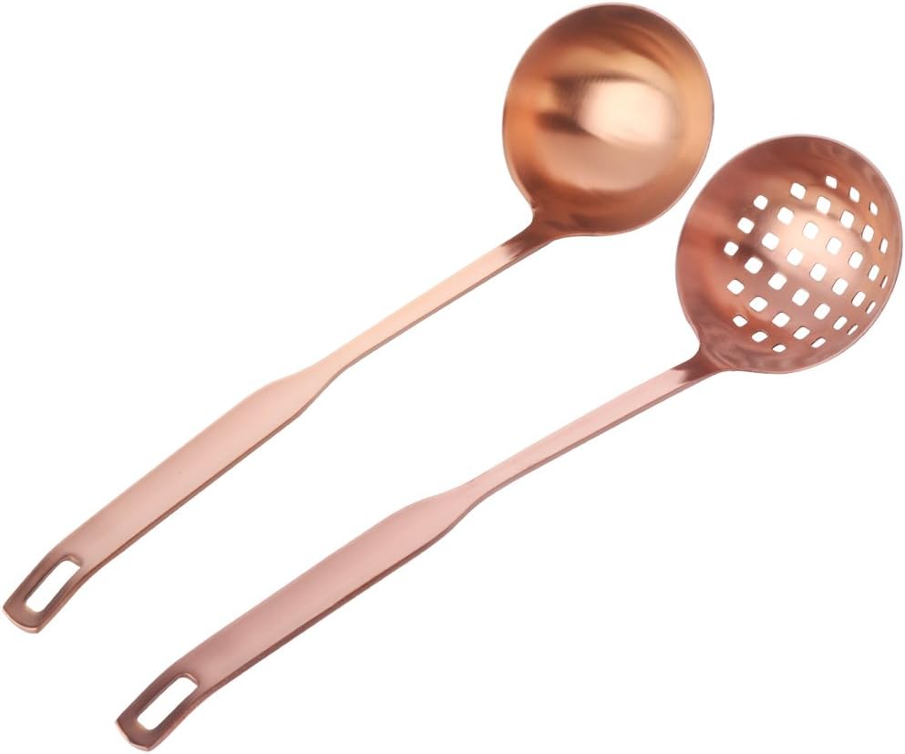 2 Pcs Soup Ladle Colander, Rose Gold Frosting Flatware Cookware Serving Long Handle Steel Slotted Spoon Cooking Utensil Set for Hotpot