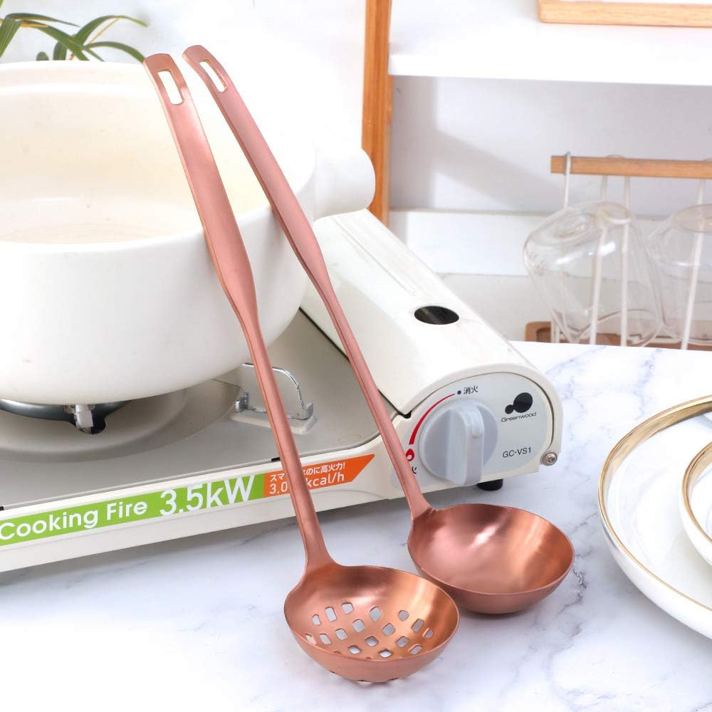 2 Pcs Soup Ladle Colander, Rose Gold Frosting Flatware Cookware Serving Long Handle Steel Slotted Spoon Cooking Utensil Set for Hotpot