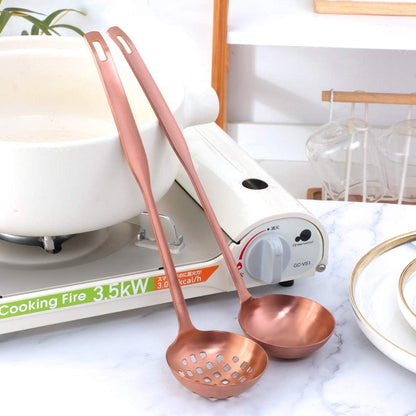 2 Pcs Soup Ladle Colander, Rose Gold Frosting Flatware Cookware Serving Long Handle Steel Slotted Spoon Cooking Utensil Set for Hotpot