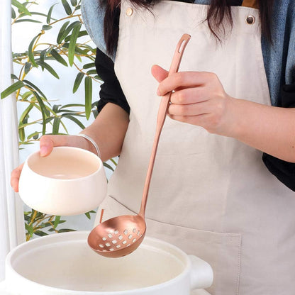 2 Pcs Soup Ladle Colander, Rose Gold Frosting Flatware Cookware Serving Long Handle Steel Slotted Spoon Cooking Utensil Set for Hotpot