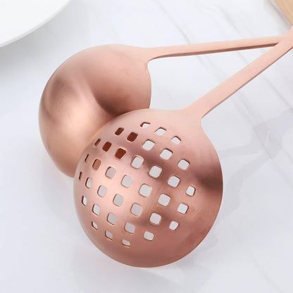 2 Pcs Soup Ladle Colander, Rose Gold Frosting Flatware Cookware Serving Long Handle Steel Slotted Spoon Cooking Utensil Set for Hotpot