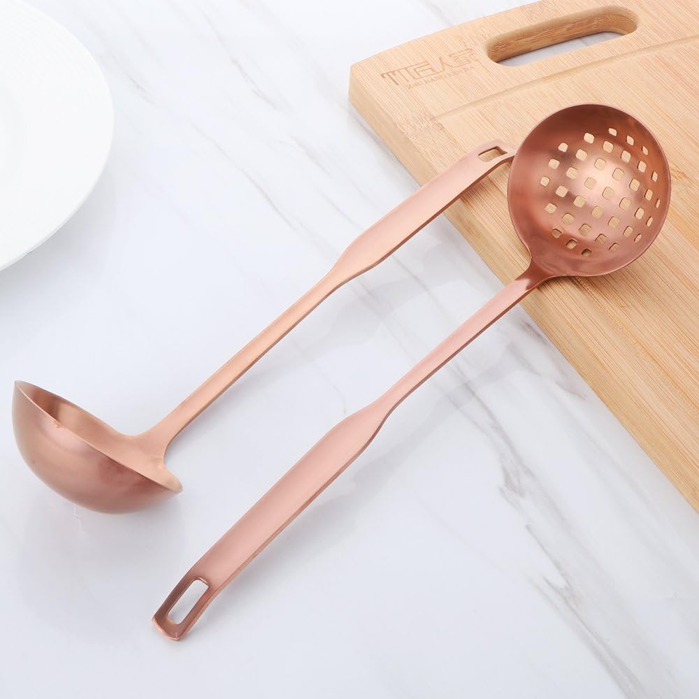 2 Pcs Soup Ladle Colander, Rose Gold Frosting Flatware Cookware Serving Long Handle Steel Slotted Spoon Cooking Utensil Set for Hotpot
