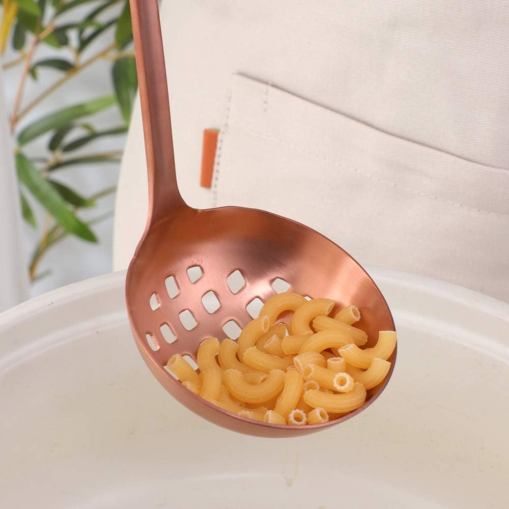 2 Pcs Soup Ladle Colander, Rose Gold Frosting Flatware Cookware Serving Long Handle Steel Slotted Spoon Cooking Utensil Set for Hotpot
