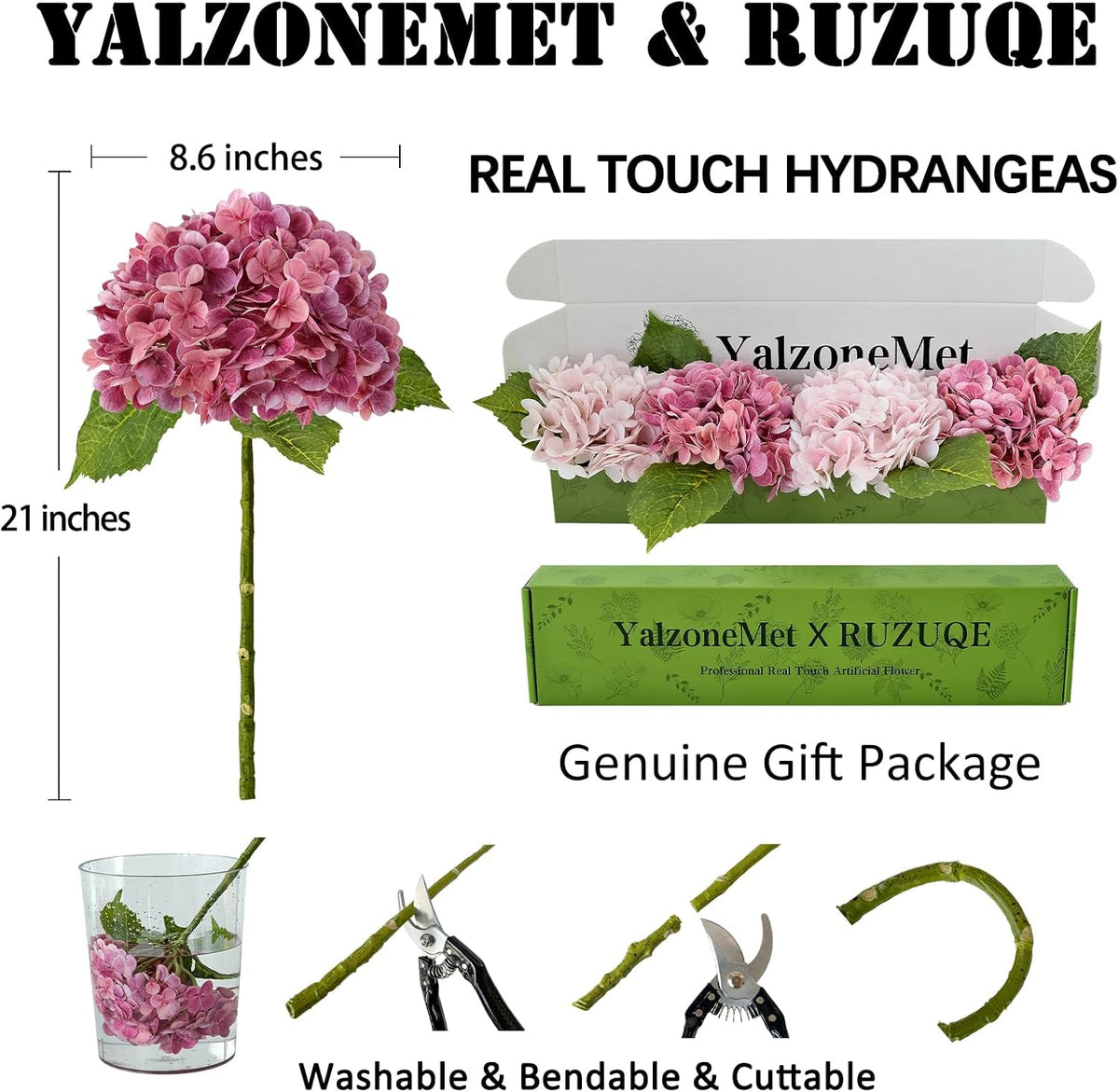 4 Pcs Real Touch Hydrangea Artificial Flower Lifelike 21'' Long Stem Latex Hydrangea Flower for Thanksgiving Home Kitchen Decor Wedding Christmas Table Centerpiece 2 Pink + 2 Rose Pink