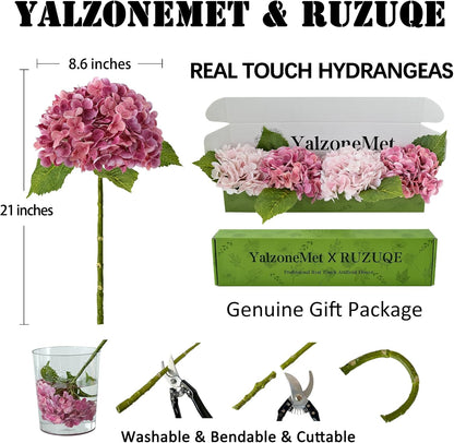 4 Pcs Real Touch Hydrangea Artificial Flower Lifelike 21'' Long Stem Latex Hydrangea Flower for Thanksgiving Home Kitchen Decor Wedding Christmas Table Centerpiece 2 Pink + 2 Rose Pink