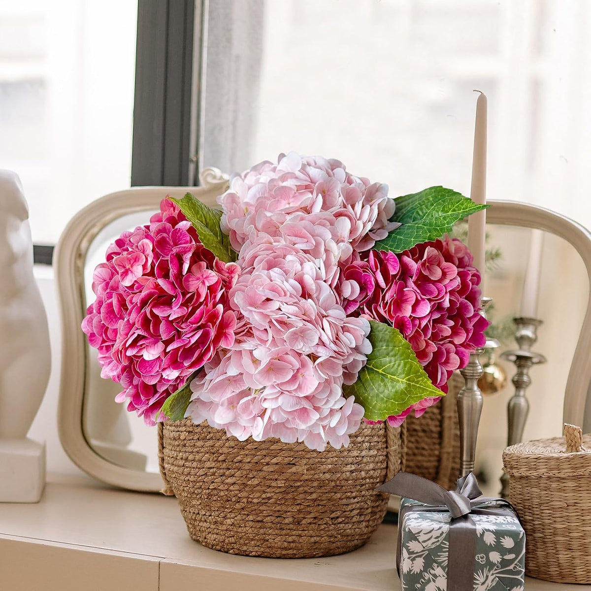 4 Pcs Real Touch Hydrangea Artificial Flower Lifelike 21'' Long Stem Latex Hydrangea Flower for Thanksgiving Home Kitchen Decor Wedding Christmas Table Centerpiece 2 Pink + 2 Rose Pink
