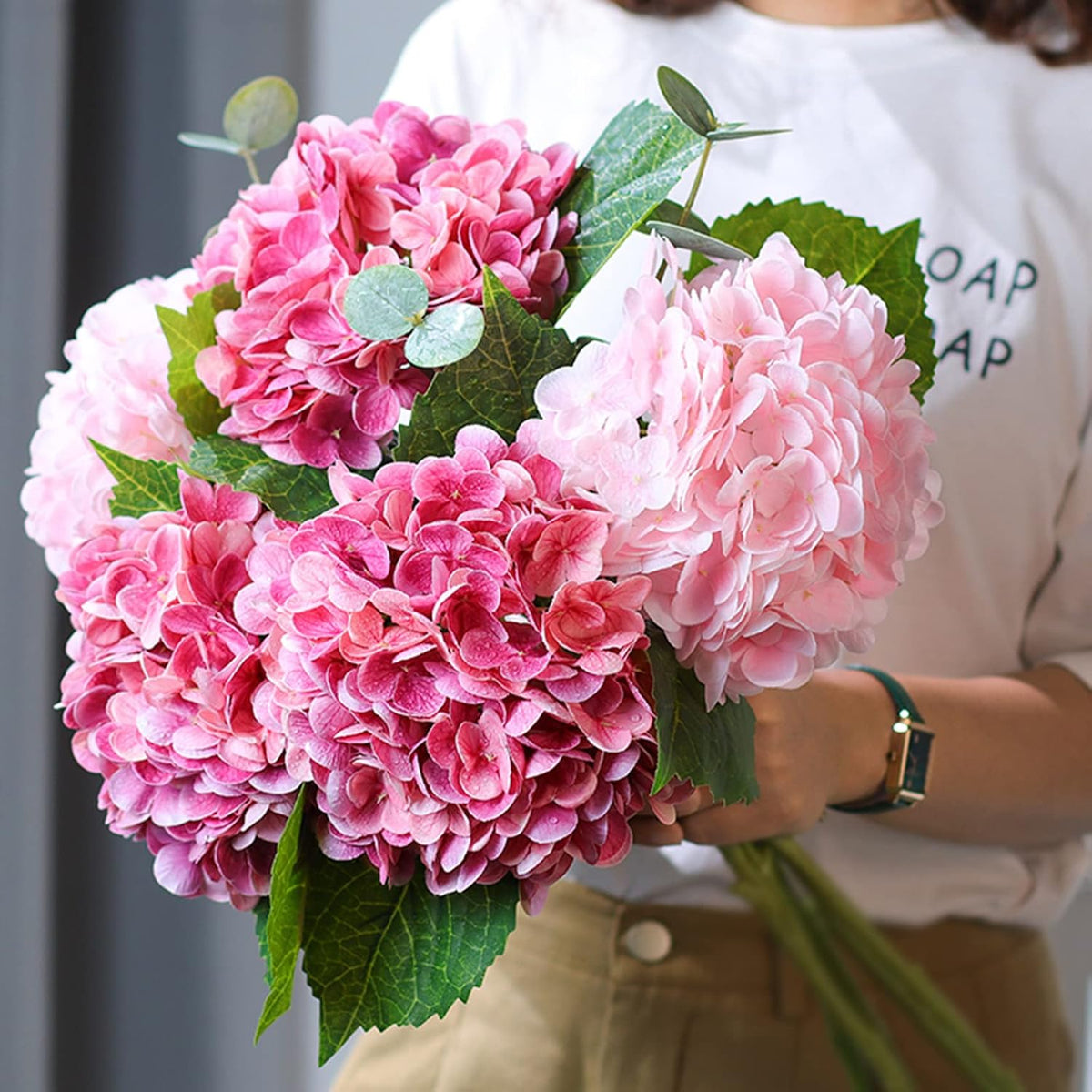 4 Pcs Real Touch Hydrangea Artificial Flower Lifelike 21'' Long Stem Latex Hydrangea Flower for Thanksgiving Home Kitchen Decor Wedding Christmas Table Centerpiece 2 Pink + 2 Rose Pink