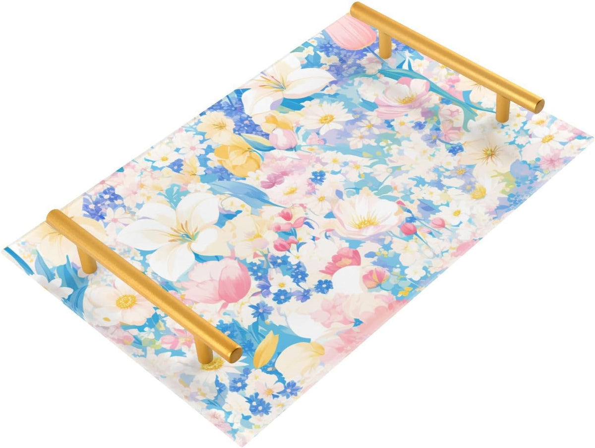 Pastel Pink Blue Floral Print Elegant Decorative Serving Trays with Handles Trays for Serving Food for Jewelry Perfume for Kitchen Serving bandeja para servir Cafe Elegante