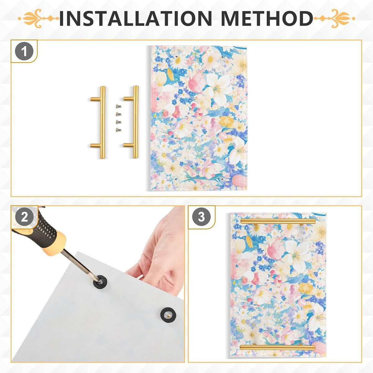Pastel Pink Blue Floral Print Elegant Decorative Serving Trays with Handles Trays for Serving Food for Jewelry Perfume for Kitchen Serving bandeja para servir Cafe Elegante