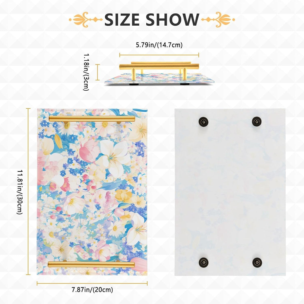 Pastel Pink Blue Floral Print Elegant Decorative Serving Trays with Handles Trays for Serving Food for Jewelry Perfume for Kitchen Serving bandeja para servir Cafe Elegante