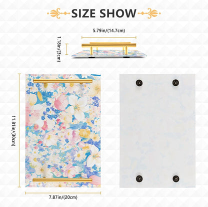Pastel Pink Blue Floral Print Elegant Decorative Serving Trays with Handles Trays for Serving Food for Jewelry Perfume for Kitchen Serving bandeja para servir Cafe Elegante
