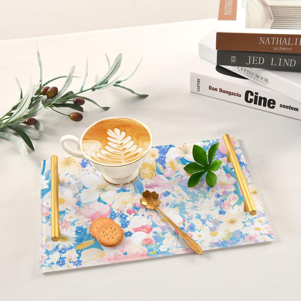 Pastel Pink Blue Floral Print Elegant Decorative Serving Trays with Handles Trays for Serving Food for Jewelry Perfume for Kitchen Serving bandeja para servir Cafe Elegante