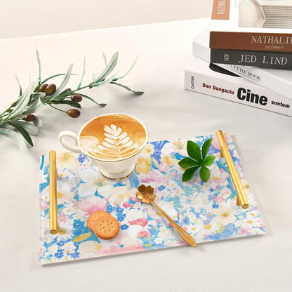 Pastel Pink Blue Floral Print Elegant Decorative Serving Trays with Handles Trays for Serving Food for Jewelry Perfume for Kitchen Serving bandeja para servir Cafe Elegante