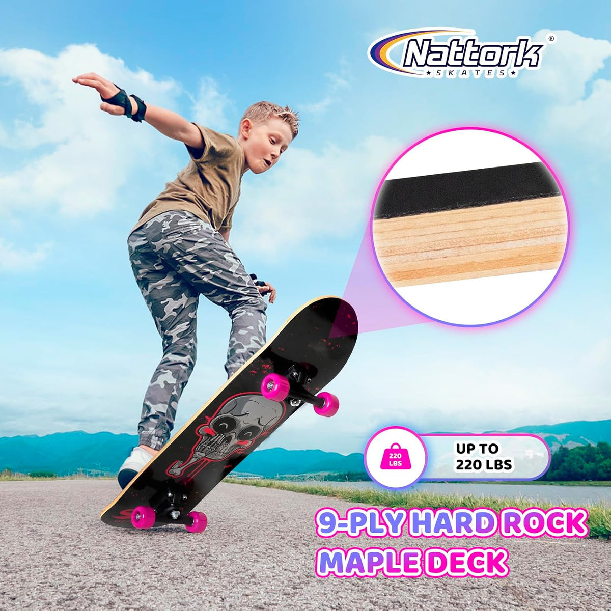 31 Inch Complete Skateboard, Standard Skateboards for Beginners, Wood 9 Layer Canadian Maple Trick Skate Boards for Boys Girls Youth Teens Adults